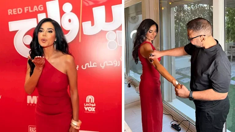نسرين أمين تتألق بفستان أحمر في العرض الخاص لفيلم "ريد فلاج" بسينما مول مصر